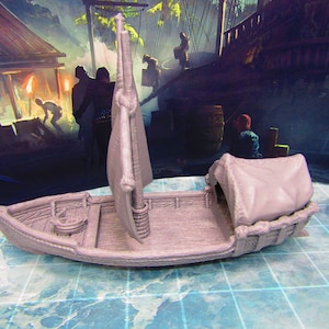 May include: A small, gray, wooden boat with a sail and a covered cabin. The boat is made of wood and has a rope railing. The sail is made of cloth and is raised. The cabin is covered with a cloth roof.