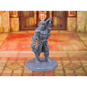 May include: A gray plastic miniature figure of a hooded person holding a sword and a weapon. The figure is standing on a round base.