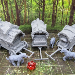 May include: Three grey, detailed miniature wagons with roofs and wheels. Each wagon is pulled by a grey horse. A red 20-sided die is in the foreground.