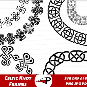 Puede incluir: Marcos de nudos celtas en blanco y negro en varios diseños. La imagen incluye patrones de borde curvos y rectos, con intrincados trabajos de nudos. El texto "Celtic Knot Frames" se muestra en una pancarta roja, junto con información sobre formatos de archivo.