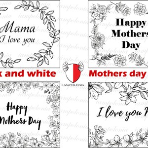 Schwarze und weiße Muttertagskarte PNG und JPG, Ich liebe dich Mama Design, Mama Clipart