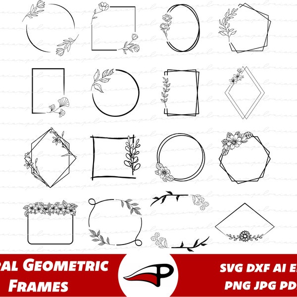 Ensemble de cadres de mariage floral SVG, bordures de fleurs pour les invitations, pack PNG de cadres botaniques, cadres géométriques décoratifs coupés fichiers