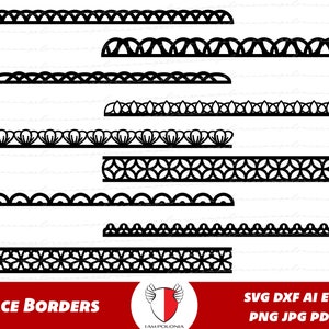 May include: A set of 8 black lace border designs. The borders are made up of various shapes, including circles, ovals, and flowers. The designs are perfect for adding a touch of elegance to any project.