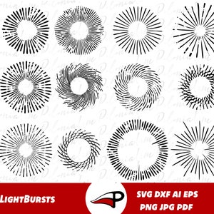 May include: A set of 10 black and white light burst graphic design elements. The light bursts are circular with a variety of different designs. The light bursts are perfect for adding a vintage or retro feel to your designs.