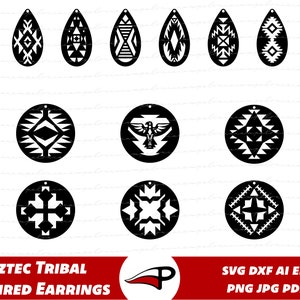 Aztec Tribal Inspired Boucles d'oreilles SVG Bundle pour Cricut, Boho Teardrop et Round Earing Stencils pour Laser cut et Glowforge