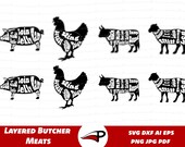 Butcher SVG Bundle, Pork, Beef, Poultry, Mutton PNG Pack, Layered Meat cuts clipart, Kitchen Sign Cut files for Glowforge and Cricut