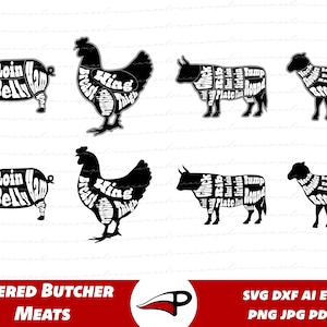 Butcher SVG Bundle, Pork, Beef, Poultry, Mutton PNG Pack, Layered Meat cuts clipart, Kitchen Sign Cut files for Glowforge and Cricut