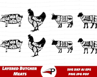 Paquete SVG de carnicero, cerdo, carne de res, aves de corral, paquete PNG de cordero, imágenes prediseñadas de cortes de carne en capas, archivos de corte de letrero de cocina para Glowforge y Cricut