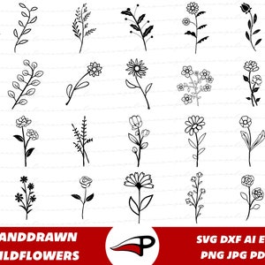 Bundle SVG de fleurs sauvages minimalistes, pack de fleurs dessinées à la main, Bundle SVG de plantes florales, fichiers de coupe de fleurs sauvages pour Cricut et Glowforge