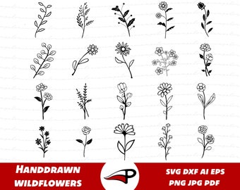 Minimalist Wildflowers SVG Bundle, Hand drawn flower pack, Floral Plants SVG Bundle, Wild Flower Cut files for Cricut and Glowforge