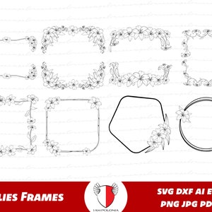 Lily frames SVG Bundle, Lírios png, Bouquet Clipart, Molduras de flores para papelaria, artes, artesanato e convites de casamento. Silhueta Cricut