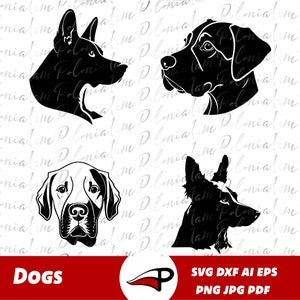 May include: Four black and white silhouette illustrations of dog breeds. The dogs are facing different directions. The illustrations are on a white background.