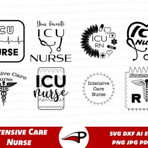 May include: A set of 10 black and white SVG cut files for an ICU nurse. The designs include the text "ICU Nurse", "Intensive Care Nurse", and "RN" with a caduceus symbol.