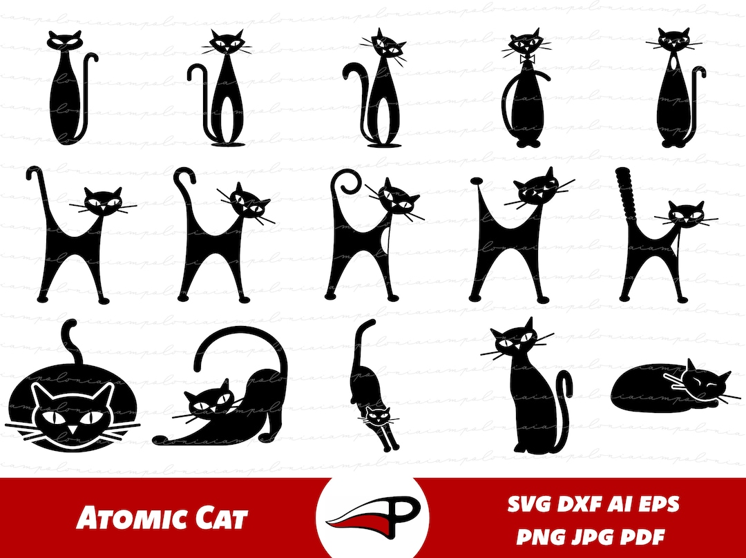Atomic Cat SVG Bundle, Mid Century Modern Cat PNG Pack, Kitty Kitten ...