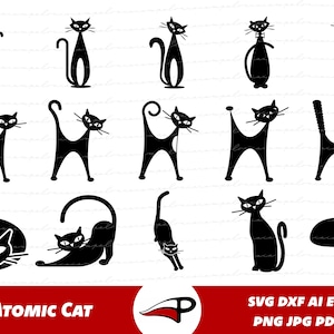 Atomic Cat SVG Bundle, Mid Century Modern Cat PNG Pack, Kitty Kitten Clipart Laser Cut Files ou Cricut et Glowforge