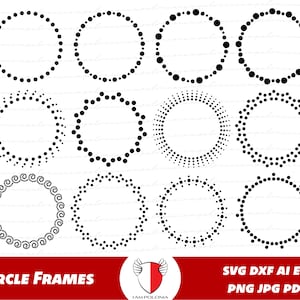 Può includere: Una collezione di dodici cornici circolari nere, ciascuna composta da punti di varie dimensioni e disposizioni. Le cornici sono visualizzate su sfondo bianco, con le parole "CIRCLE FRAMES" in rosso in basso.