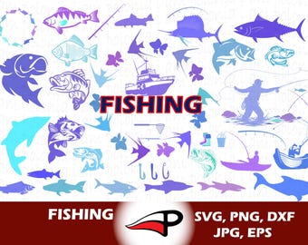 Paquete de archivos SVG de pesca, imágenes prediseñadas de lubina, silueta de pescador, anzuelo SVG, caña de pescar PNG, archivo de corte para Cricut, Silhouette DXF, regalo para pescadores