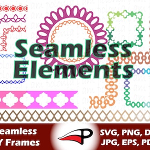 May include: A graphic featuring the text "Seamless Elements" with various decorative frames and borders in shades of red, pink, green, and brown. The bottom of the image includes the text "Seamless DIY Frames" and file type options.
