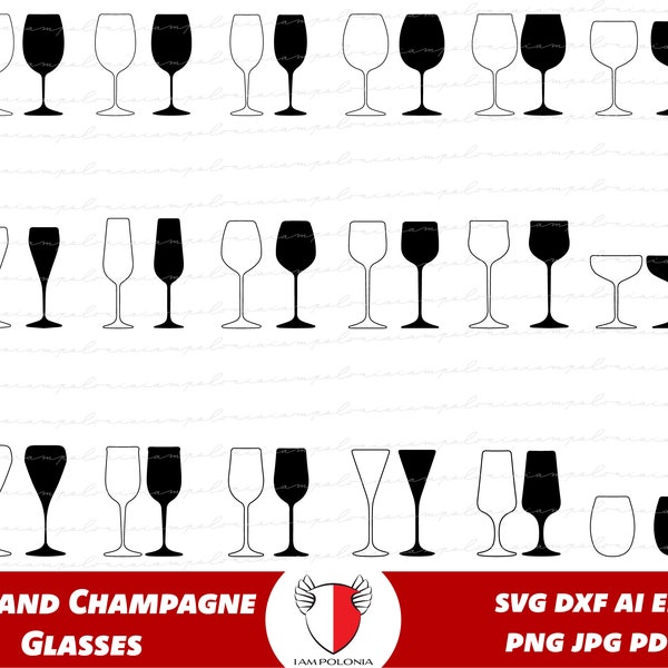 Wine glasses SVG Bundle with outlines.  Wine and liquor glasses silhouette, cocktail glasses cricut files, silhouette files.