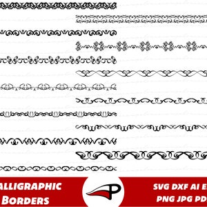 May include: A set of 10 black and white calligraphic borders. The borders are made up of swirls, loops, and other decorative elements. The borders are ideal for adding a touch of elegance to any project.