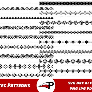 May include: A set of 16 black and white Aztec pattern borders. The patterns are geometric and include triangles, squares, and diamonds. The patterns are perfect for use in crafts, scrapbooking, and digital design.