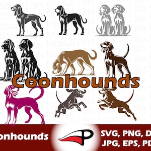 Pacchetto SVG di Coonhound / 9 sagome di cani da caccia / Clipart di cani da caccia per Cricut e Laser