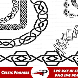 Puede incluir: Diseños de marcos celtas en blanco y negro en varios estilos. La imagen incluye patrones de esquinas y bordes con intrincados trabajos de nudos. El texto en la parte inferior dice "Celtic Frames" y enumera los formatos de archivo: SVG DXF AI EPS PNG JPG PDF.