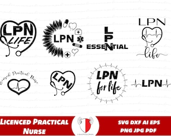 Könnte beinhalten: Schwarz-weiße Grafikdesigns mit dem Text "LPN" und einem Herzen mit einer Herzschlaglinie. Einige Designs beinhalten den Text "life" und "Licensed Practical Nurse".