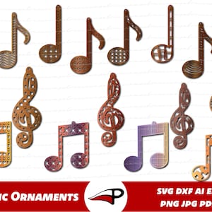 Adornos de música svg, adornos de corte láser de Navidad dxf, adornos de Navidad png, archivo de corte de notas musicales