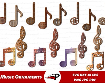 May include: A set of 12 laser cut music note and treble clef ornaments. The ornaments are made of wood and have a brown finish. The ornaments are perfect for adding a touch of music to your home decor.