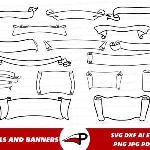May include: A set of 16 black and white scroll and banner outlines. The scrolls and banners are in various shapes and sizes. The image includes the text "Scrolls and Banners".