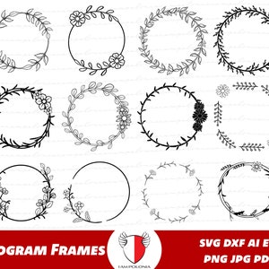 Cornici floreali Bundle Cricut SVG file di taglio, Monogram frame png, Clipart ghirlanda floreale, Flower frame svg, Agriturismo segno svg, telaio rotondo dxf