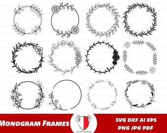 Floral frames Bundel Cricut SVG gesneden bestand Monogram frame png, Floral krans clipart, Flower frame svg, Boerderij teken svg, ronde frame dxf