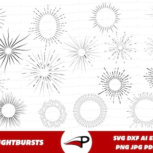 May include: A set of 15 black and white lightburst illustrations. The lightbursts are circular with radiating lines. They are perfect for adding a vintage or retro feel to your designs.