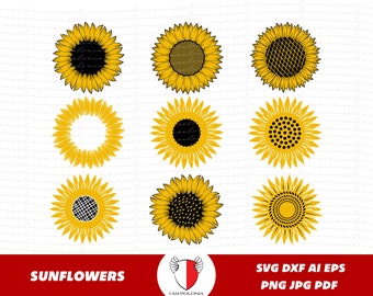 May include: Set of nine black and yellow sunflower illustrations. The sunflowers are in various stages of bloom, with some showing the center of the flower and others showing the petals.