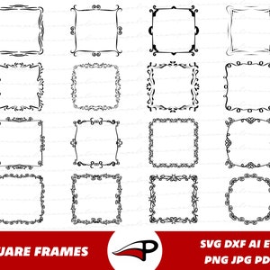 Op de afbeelding: Een verzameling vierkante frames in verschillende decoratieve stijlen. De frames zijn zwart-wit, met sierlijke ontwerpen zoals krullen, stippen en bloemmotieven. De tekst "SQUARE FRAMES" staat onderaan.