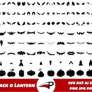 May include: A set of black and white printable SVG, DXF, AI, EPS, PNG, JPG, and PDF files for creating a DIY Jack-o'-Lantern. The files include various shapes for eyes, noses, mouths, and other facial features.