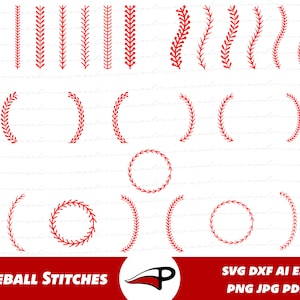Baseball Stitches SVG Bundle, Softball Stitch PNG Pack, Baseball Seam Laser Cut Files for Cricut and Glowforge, Red Hem SVG