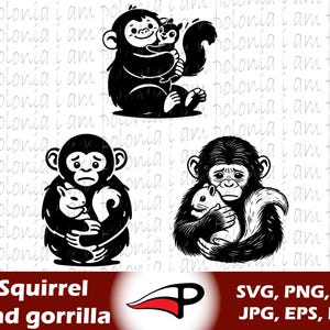 Écureuil et gorille SVG, clipart arachide, animaux dans leurs bras PNG, art vectoriel mignon pour Cricut et découpe Laser