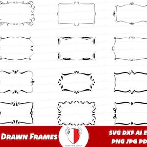 May include: Set of twelve hand-drawn black frame borders. The frames are in various styles and sizes, perfect for adding a touch of elegance to your designs.