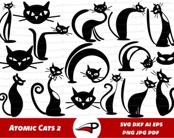 May include: A set of 15 black cat silhouette illustrations in various poses. The cats are stylized with atomic-inspired designs. The illustrations are perfect for crafting projects, digital design, and more.