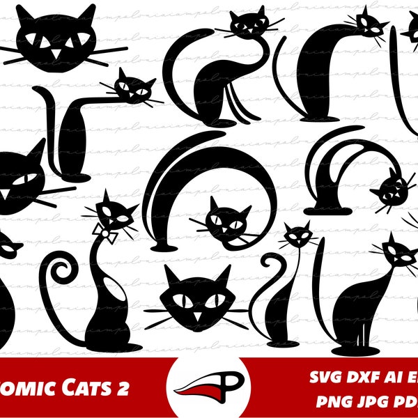 Atomic Cat SVG Bundle,  Kitty Kitten Clipart, Mid Century Modern Cat PNG Pack, Laser Cut Files or Cricut and Glowforge