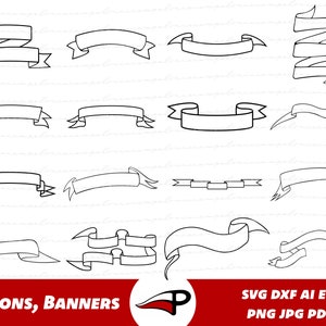 May include: A set of 15 black and white ribbon and banner outlines. The ribbons and banners are in various shapes and sizes, including curved, straight, and wavy. The outlines are simple and elegant, and they can be used for a variety of purposes, such as adding a decorative touch to a design or creating a banner for a special occasion.