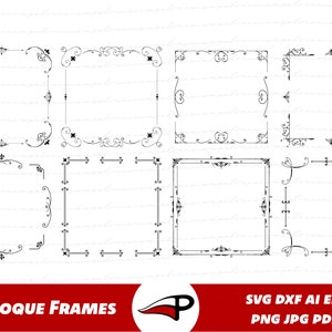 Peut inclure: Ensemble de huit cadres de style baroque noir et blanc. Les cadres sont ornés et présentent des détails complexes. Les cadres sont parfaits pour ajouter une touche d'élégance à tout projet.