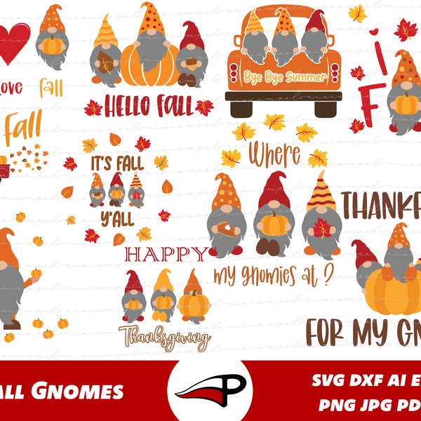 Fall Gnomes SVG Bundle, Thanksgiving Gnomes Clipart, Autumn Gnomies PNG, Cute and funny gnomes tshirt design