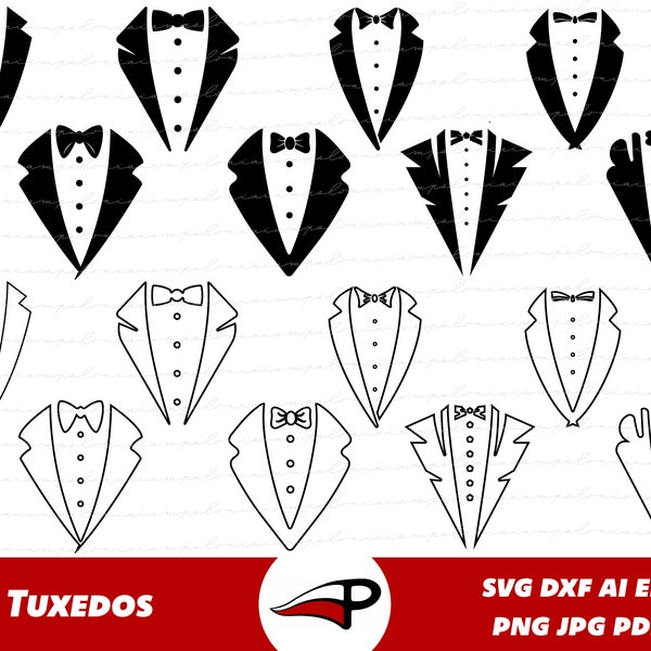 Tuxedo svg bundle, Tux PNG Pack, Suit Clipart, Wedding decor svg, Bachelor bowtie DXF, Groom Black Tie SVG