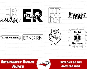 May include: Black and white graphic designs for an emergency room nurse. The designs include the letters ER, a heart with a stethoscope, a star of life, and the words "nurse" and "RN".