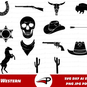 May include: A set of 12 black and white western themed vector illustrations. The illustrations include a horseshoe, a rifle, a skull, a cowboy hat, an arrow, a bandana, a revolver, a cactus, a horse, a sheriff's star, a buffalo, and a bull skull.