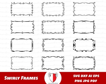 Swirly frames svg bundle, imágenes prediseñadas de borde swirly, marco rectangular decorativo para máquina de corte, paquete de paquete divisor png para Cricut