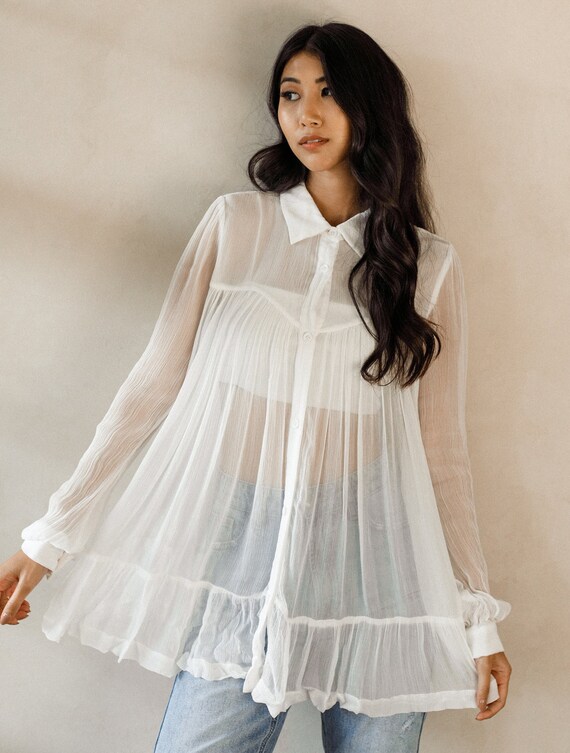 White Flowy Button up Shirt - Etsy